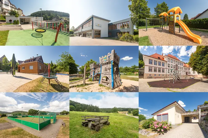 Raster aus neun Fotos von Spielplätzen, Schulen, Sportplätzen und Grünflächen