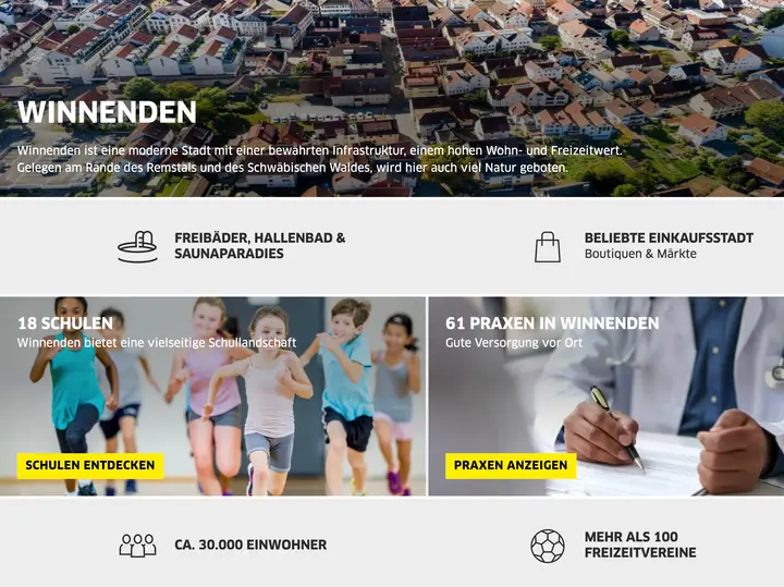 Standortprofil für Winnenden im Kärcher-Design, mit gelben Buttons